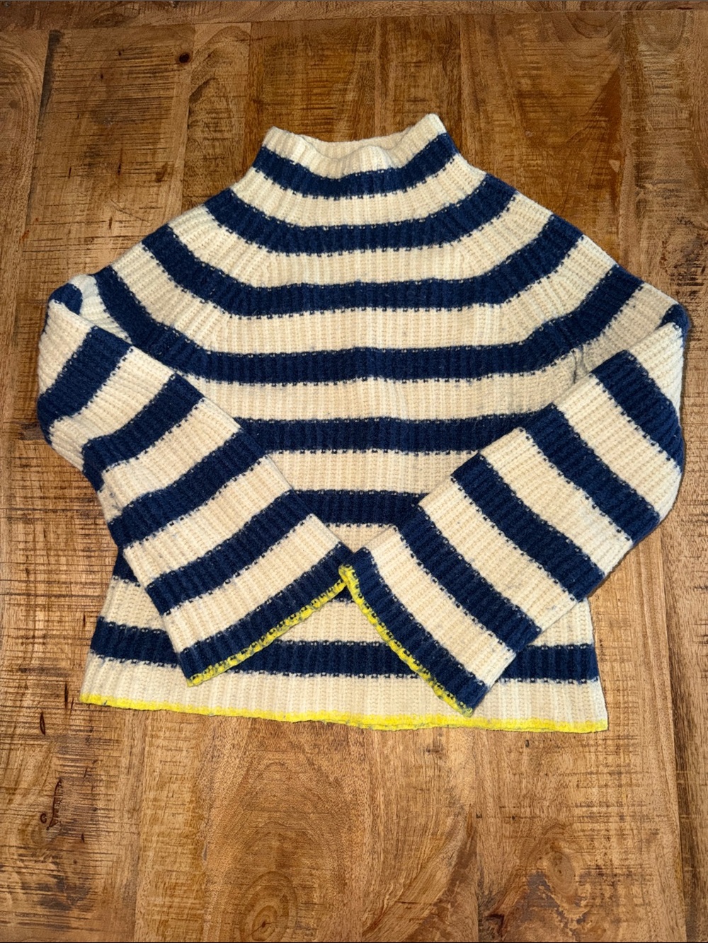 Anthropologie Navy & Cream Striped Ribbed Turtleneck Sweater with Yellow Trim